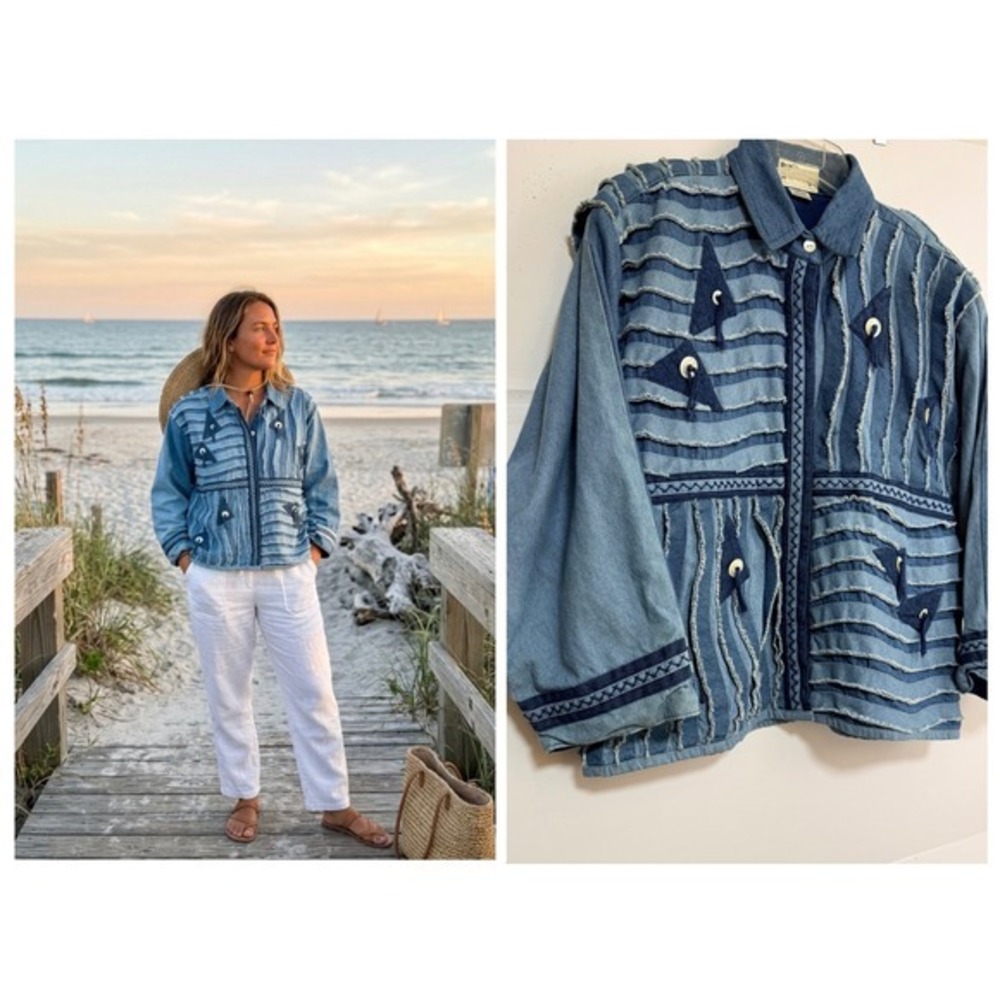 Yak Magik Denim Jacket Cotton Blue Patchwork Fringe Art To Wear Boho Coastal SzL